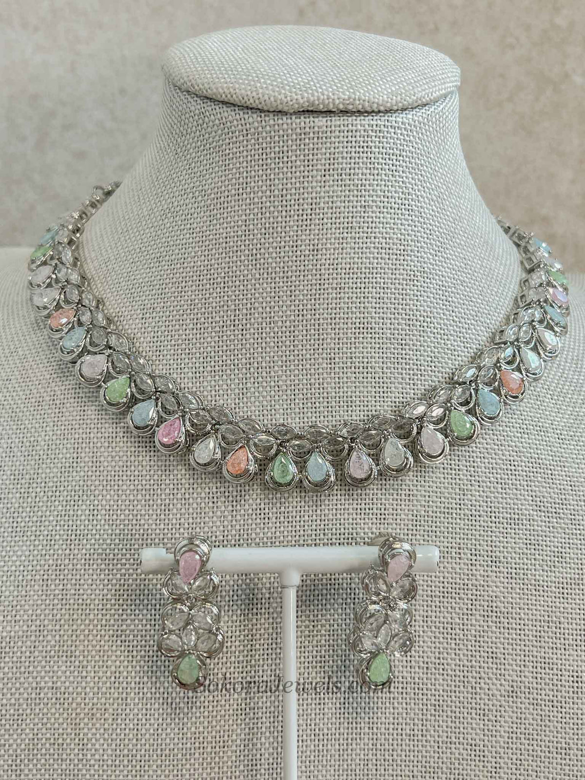 Pastel Drops Silver Necklace Set – Indian Wedding Guest Jewellery