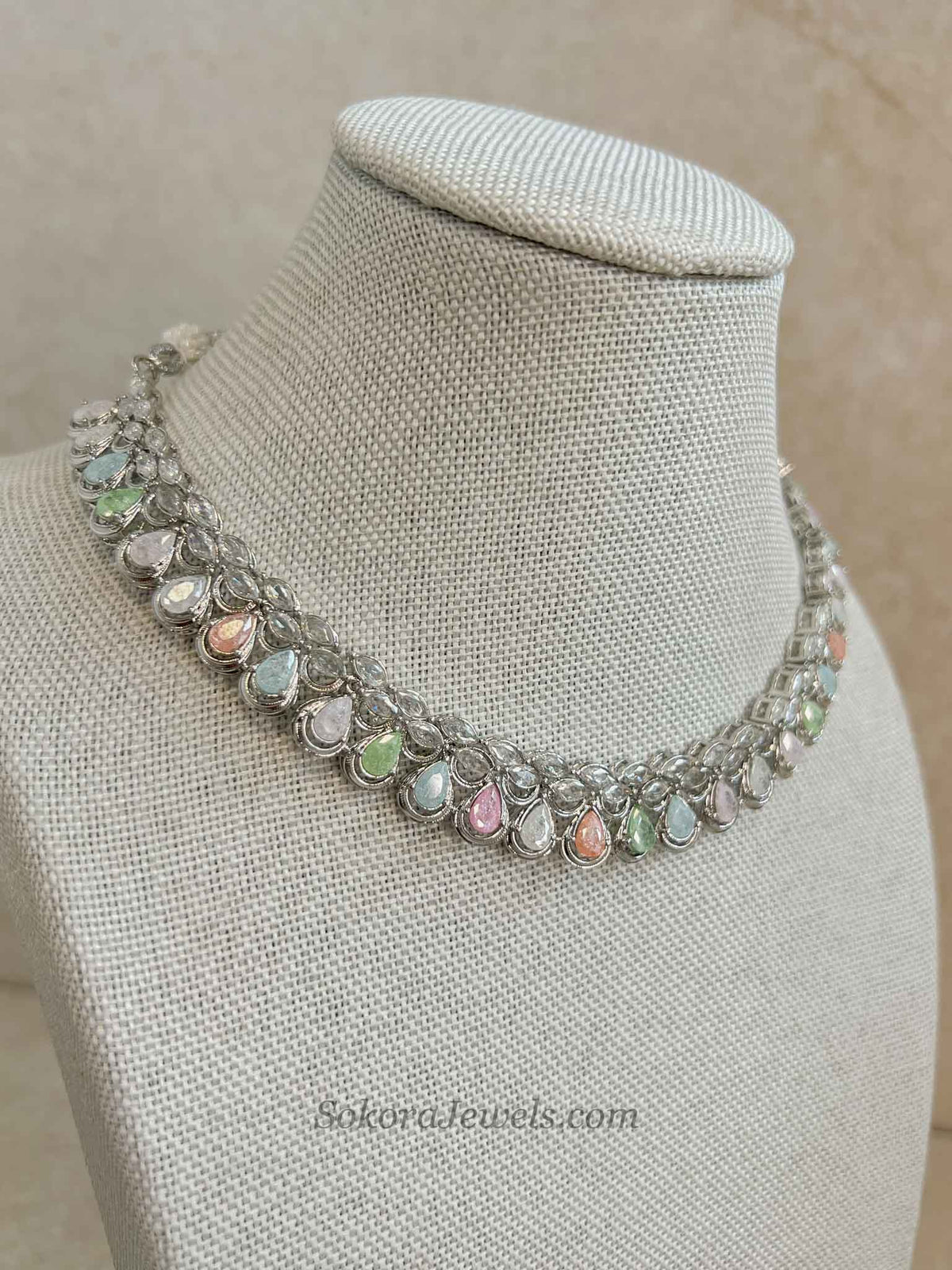 Pastel Drops Silver Necklace Set – Indian Wedding Guest Jewellery