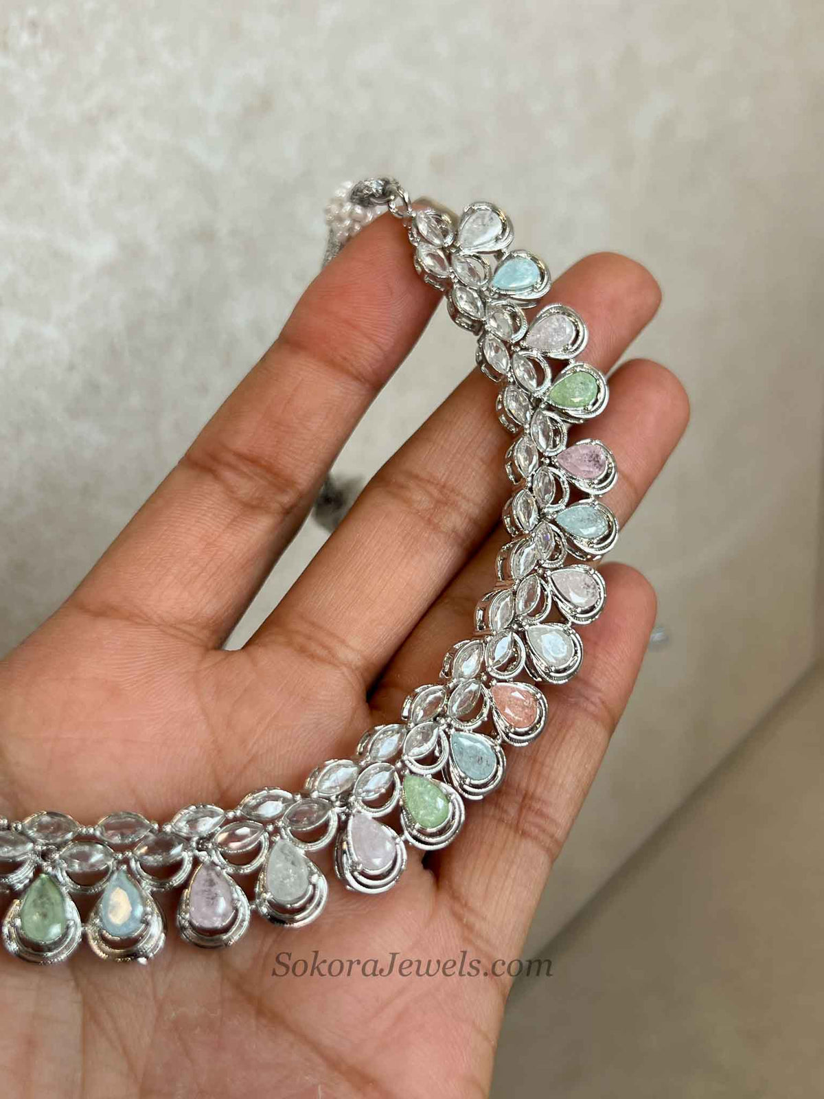 Pastel Drops Silver Necklace Set – Indian Wedding Guest Jewellery