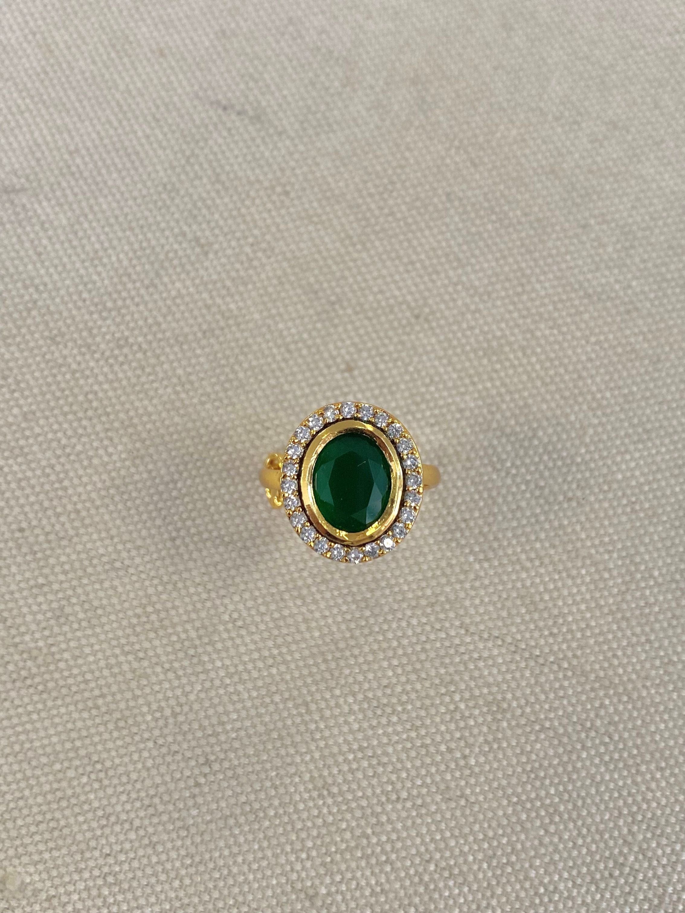 Oval Kundan Ring - Green