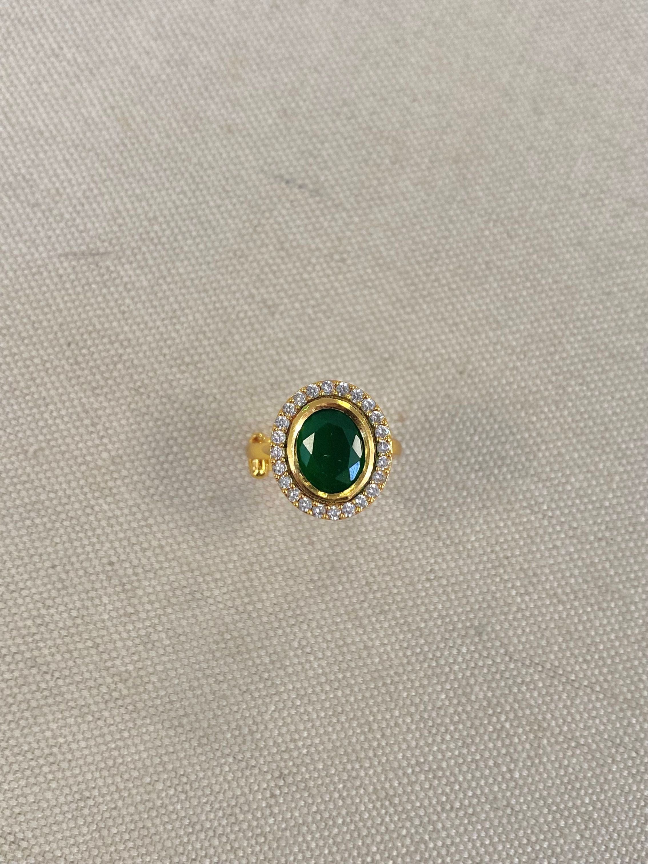 Oval Kundan Ring - Green