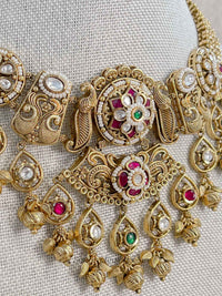 Heritage Gold Plated Peacock Motif Necklace Set – Ruby, Emerald & Kundan
