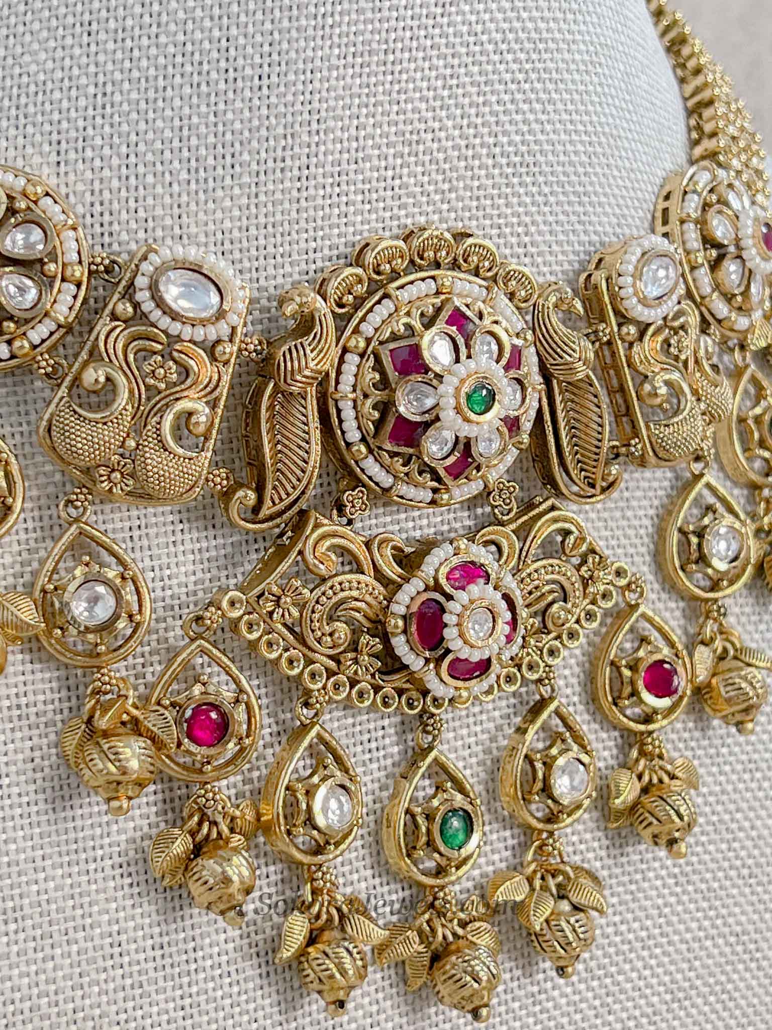 Heritage Gold Plated Peacock Motif Necklace Set – Ruby, Emerald & Kundan