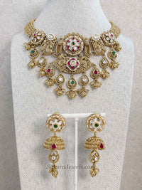 Heritage Gold Plated Peacock Motif Necklace Set – Ruby, Emerald & Kundan