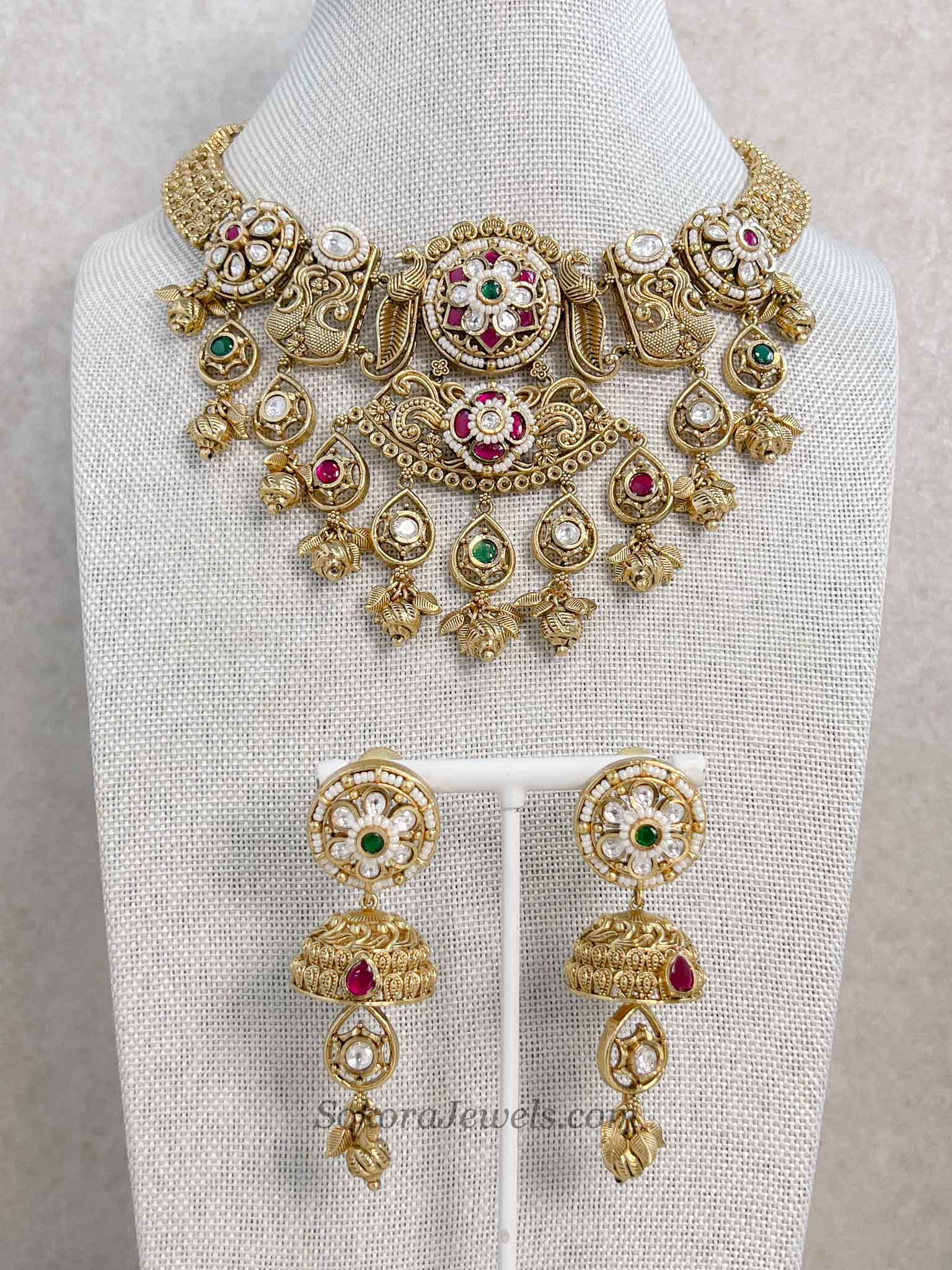 Heritage Gold Plated Peacock Motif Necklace Set – Ruby, Emerald & Kundan