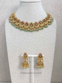 Gold, Green Bead and Ruby Set with Jhumka Earrings