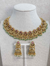 Gold, Green Bead and Ruby Set with Jhumka Earrings