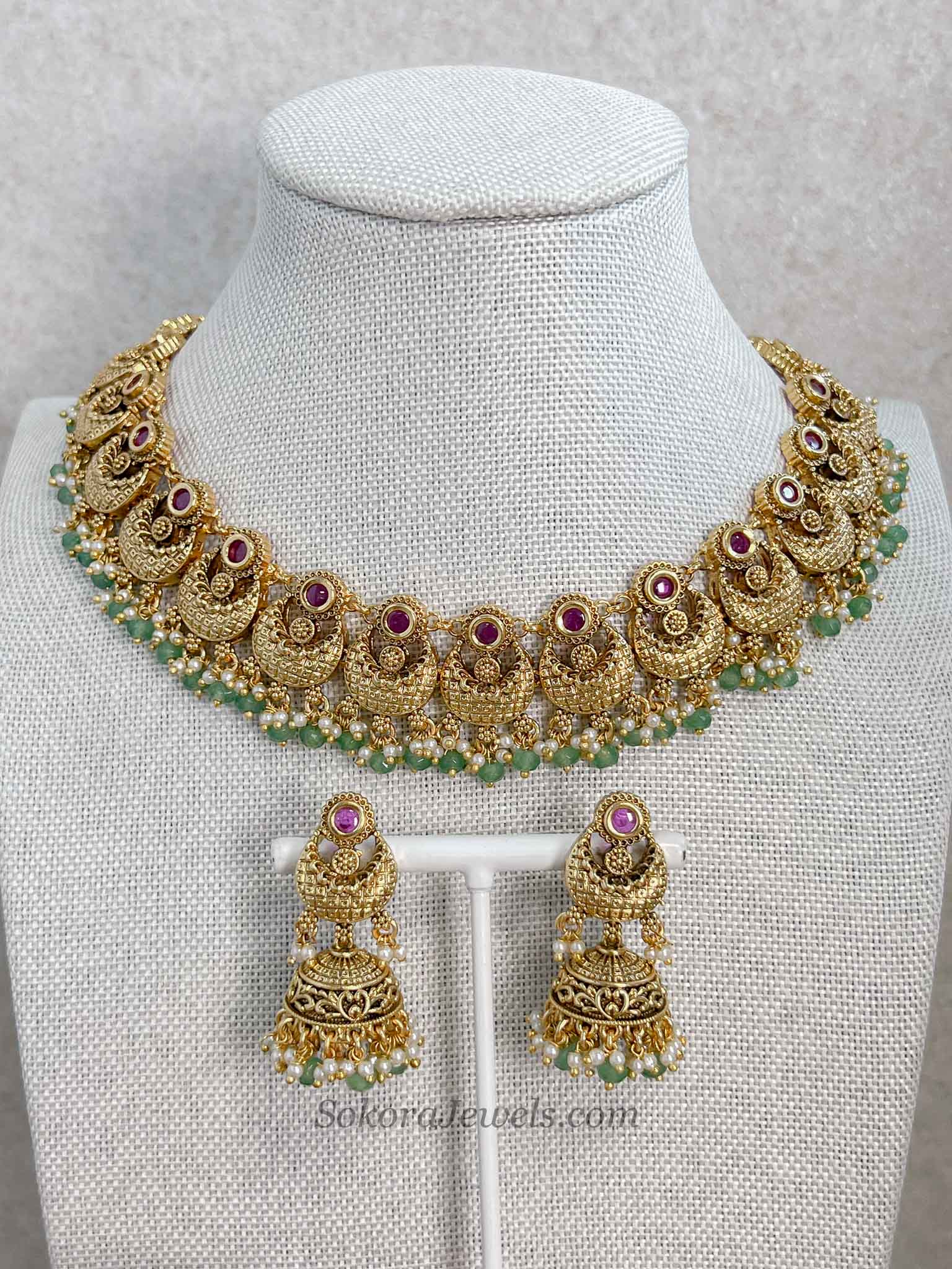 Gold, Green Bead and Ruby Set with Jhumka Earrings