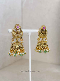 Gold, Green Bead and Ruby Set with Jhumka Earrings