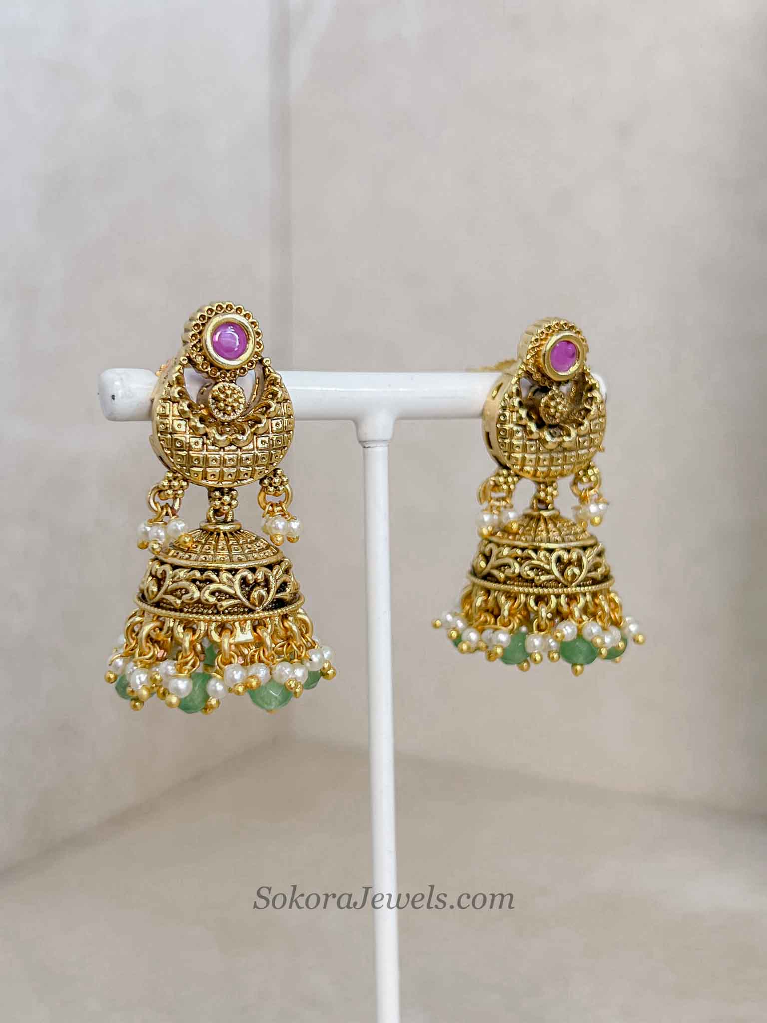 Gold, Green Bead and Ruby Set with Jhumka Earrings