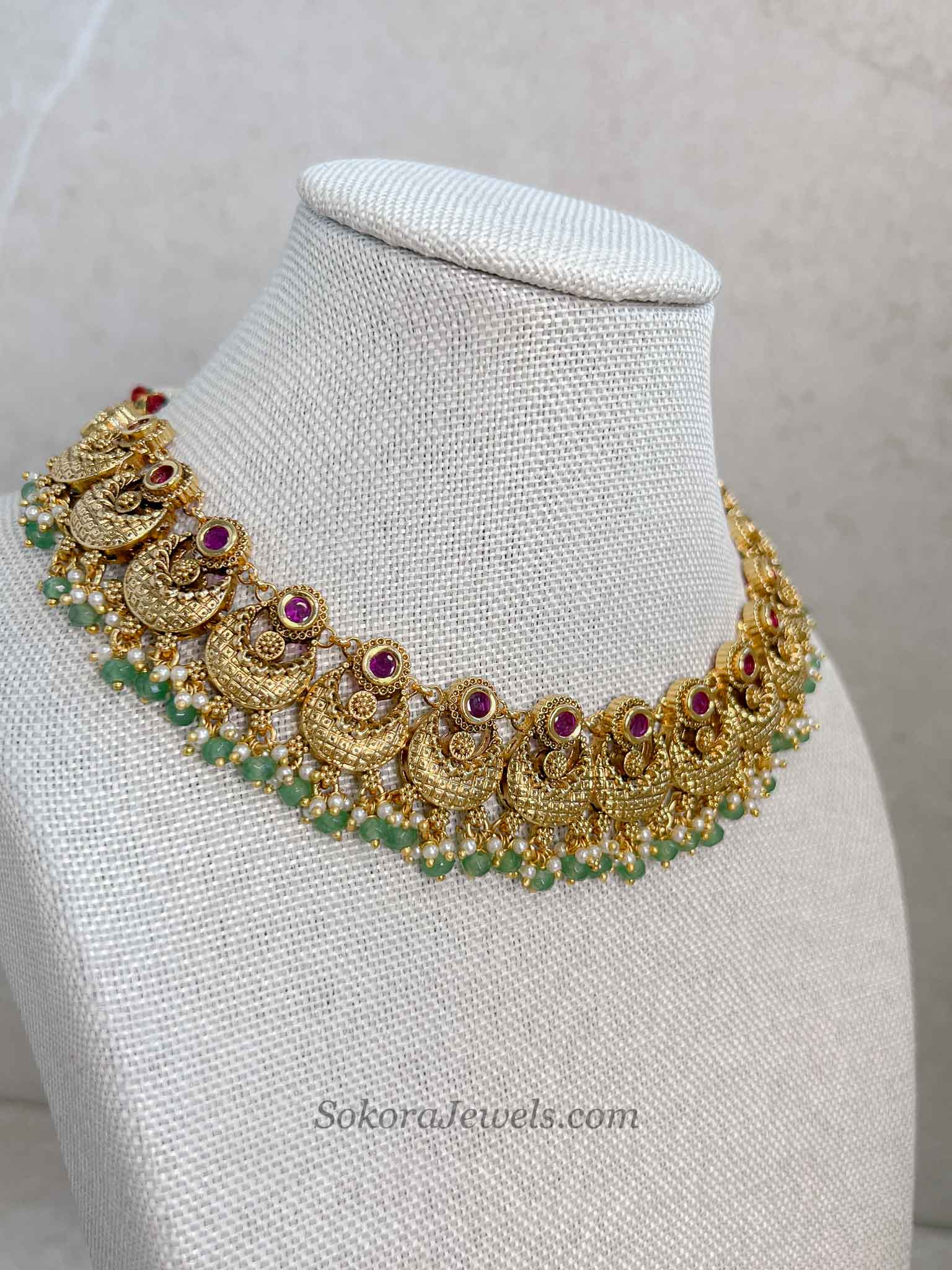 Gold, Green Bead and Ruby Set with Jhumka Earrings