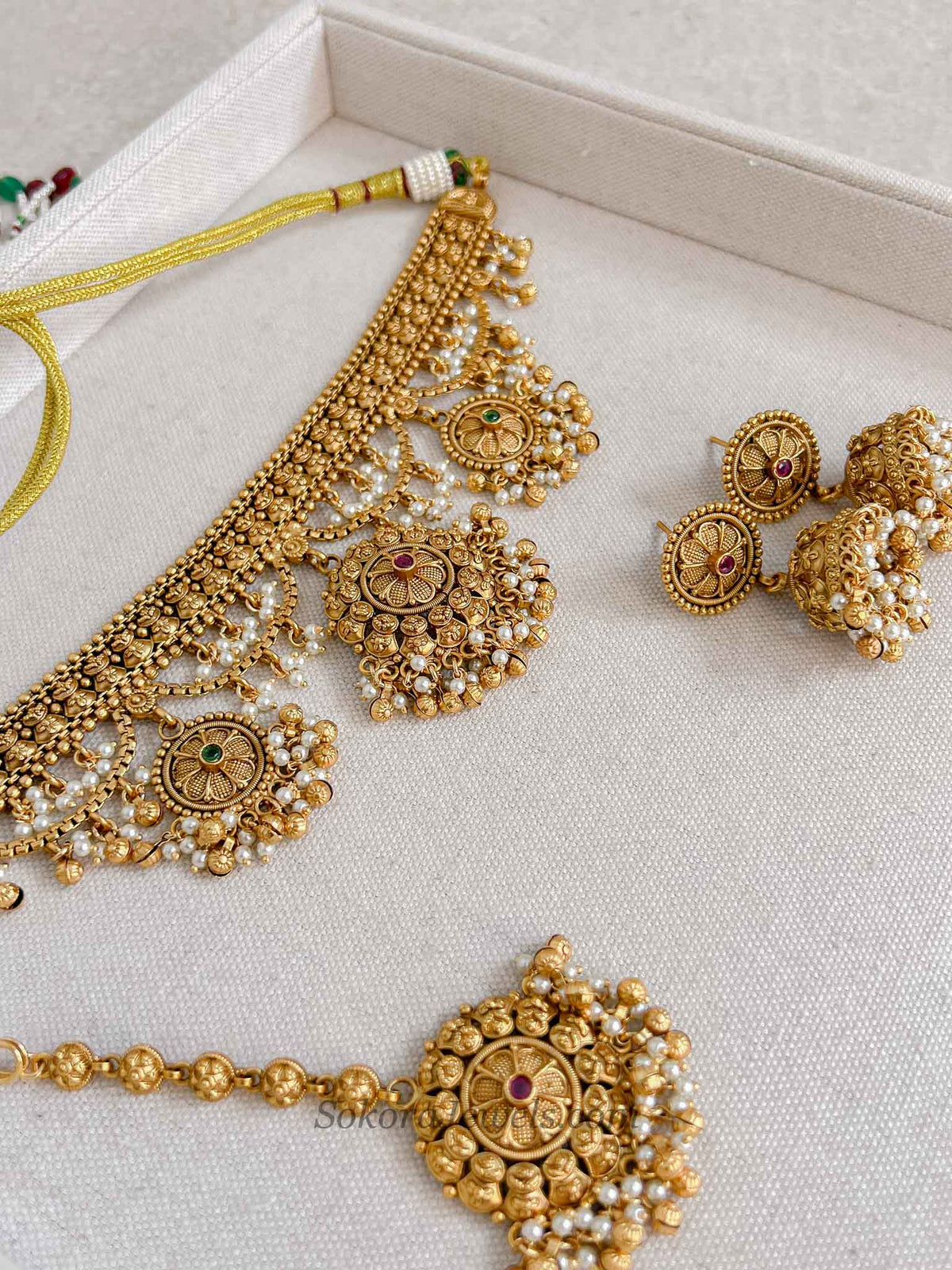 Layered Temple Ruby & Green Gold Choker set