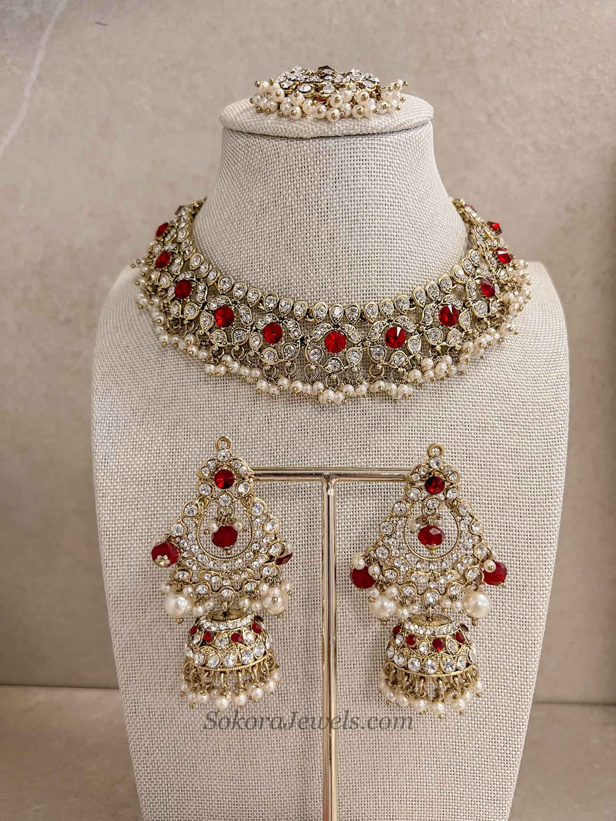 Red Necklace Set with Jhumka Earrings