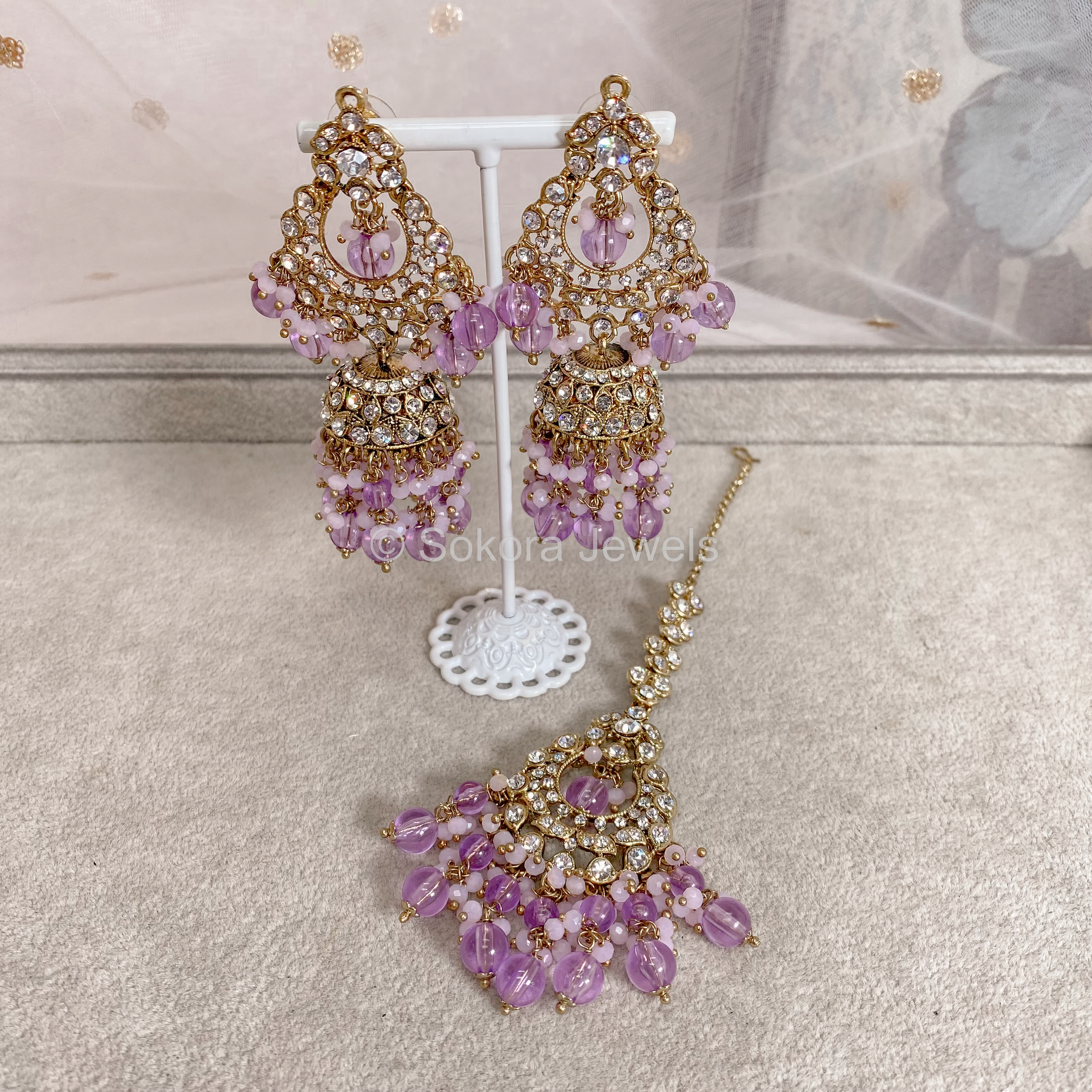 Maniba Double Bridal Necklace Set - Lilac