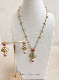 Ruby & Light Green Pendant Mala Necklace Set
