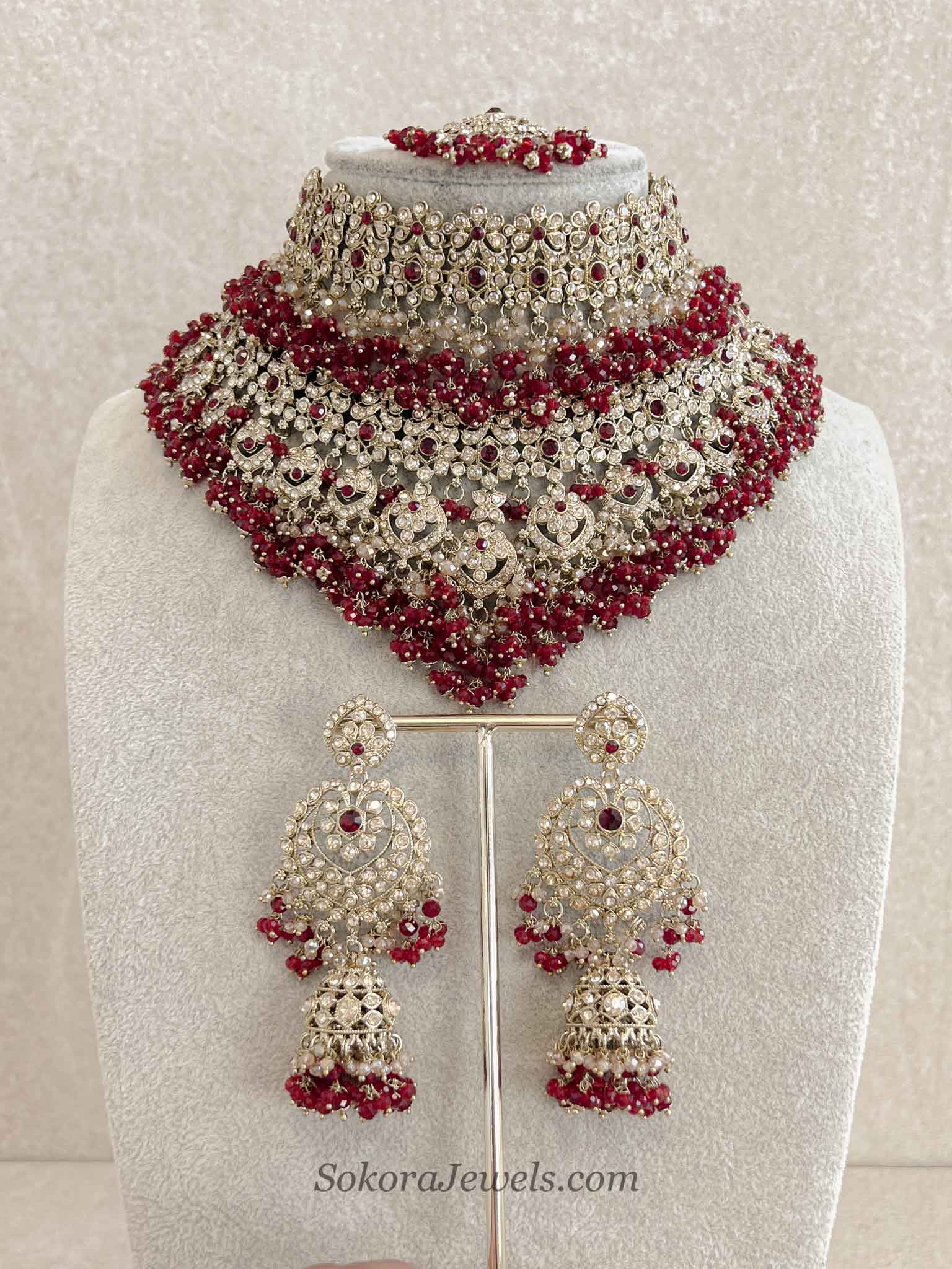 Amelia Maroon V-Shape Bridal Necklace Set