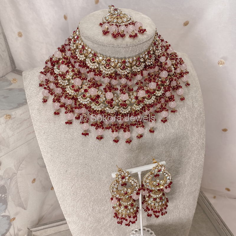 Shanaya Double Bridal Necklace Set - Maroon/Pink