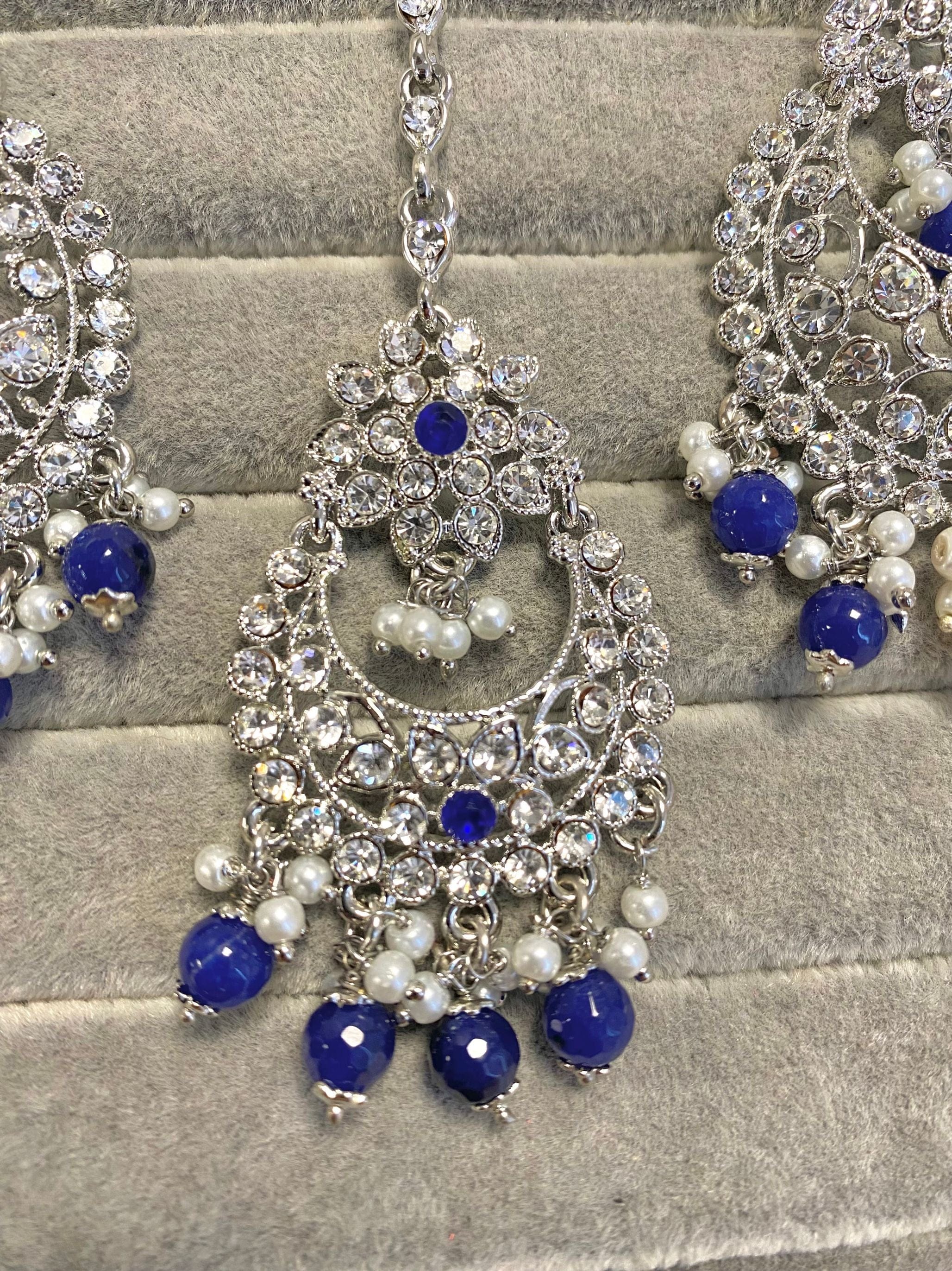 SLIGHTLY IMPERFECT: Silver Earring & Tikka Set - Blue