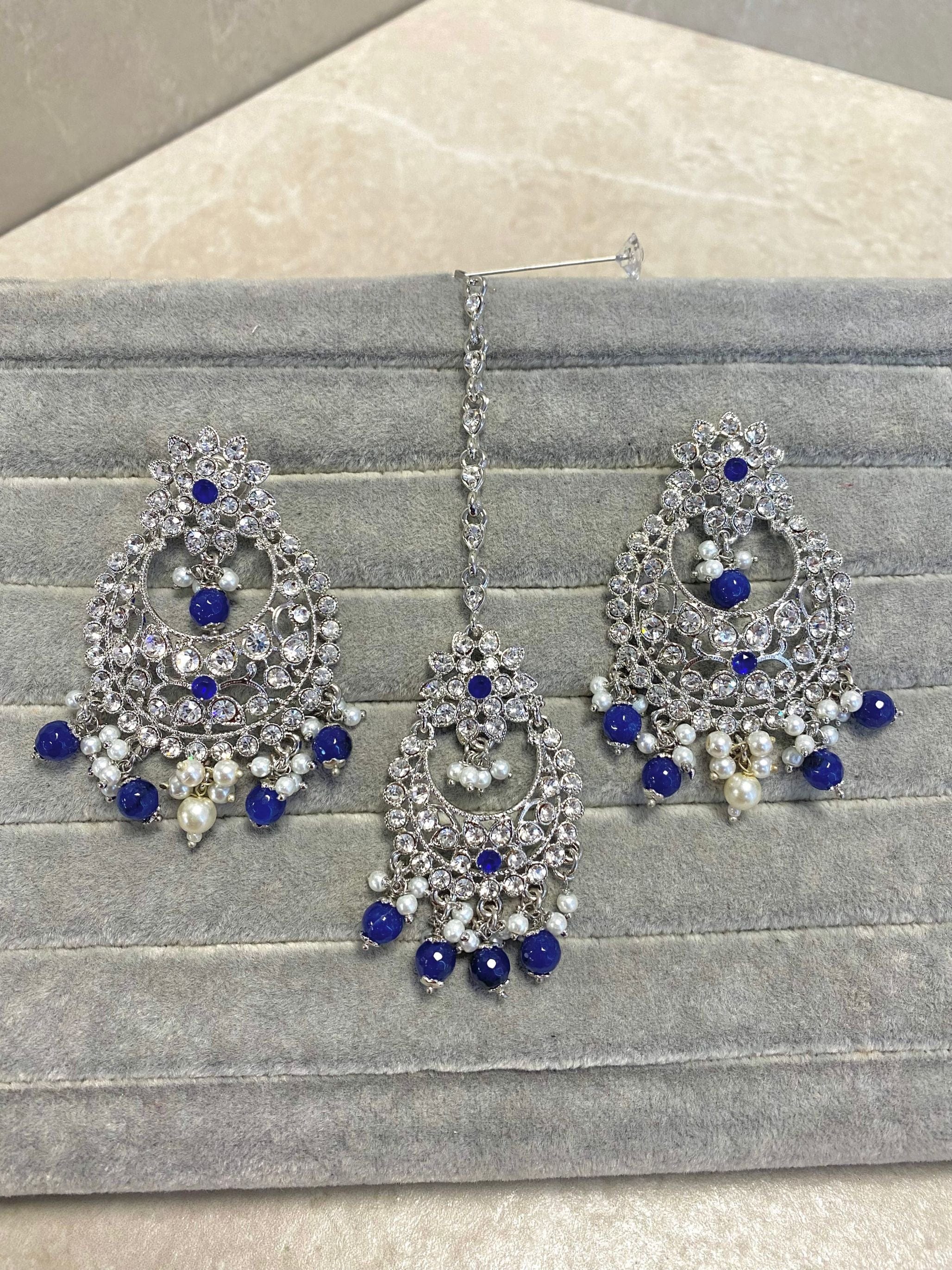 SLIGHTLY IMPERFECT: Silver Earring & Tikka Set - Blue