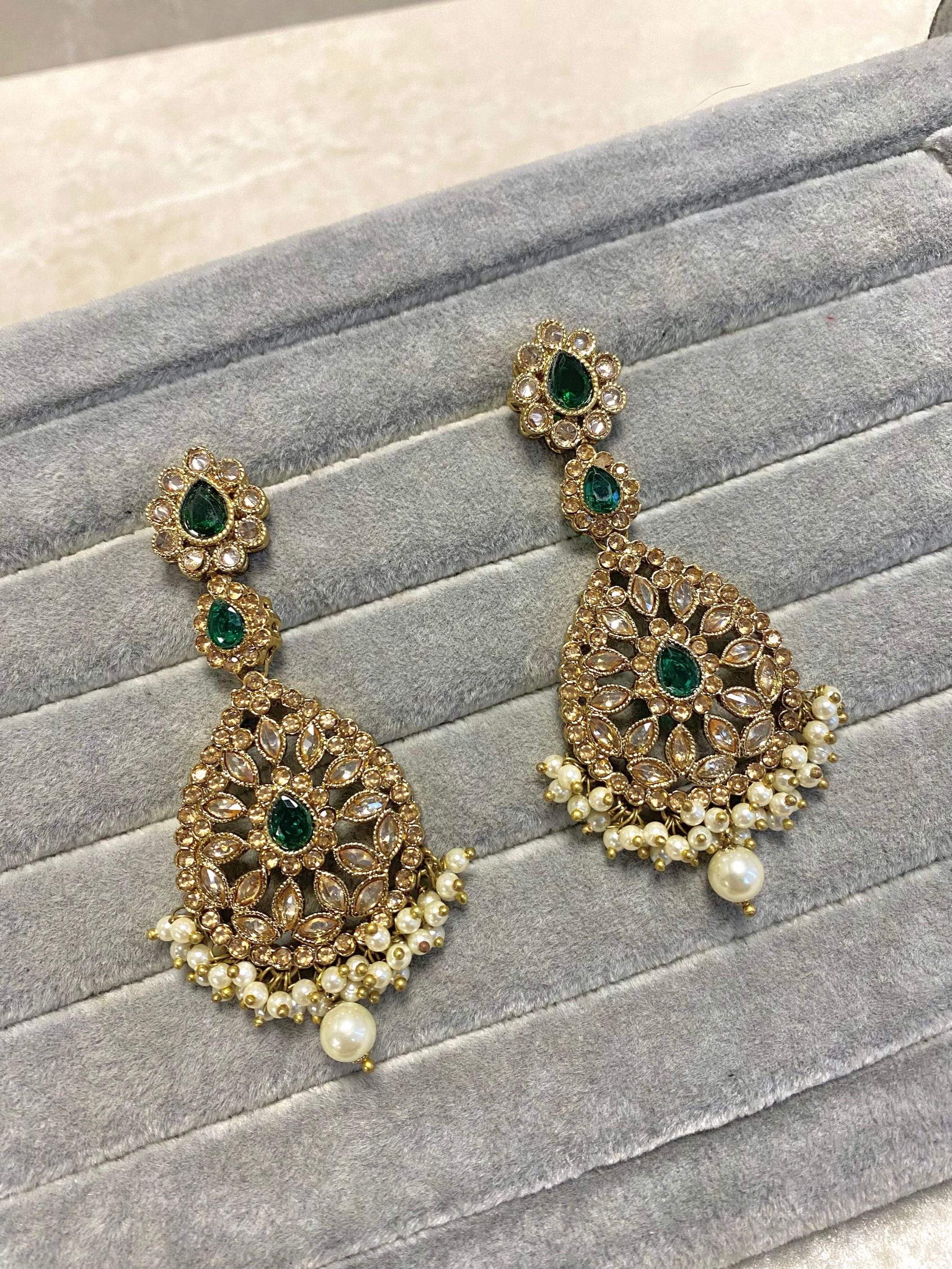 Antique Gold Drop Earrings - Green