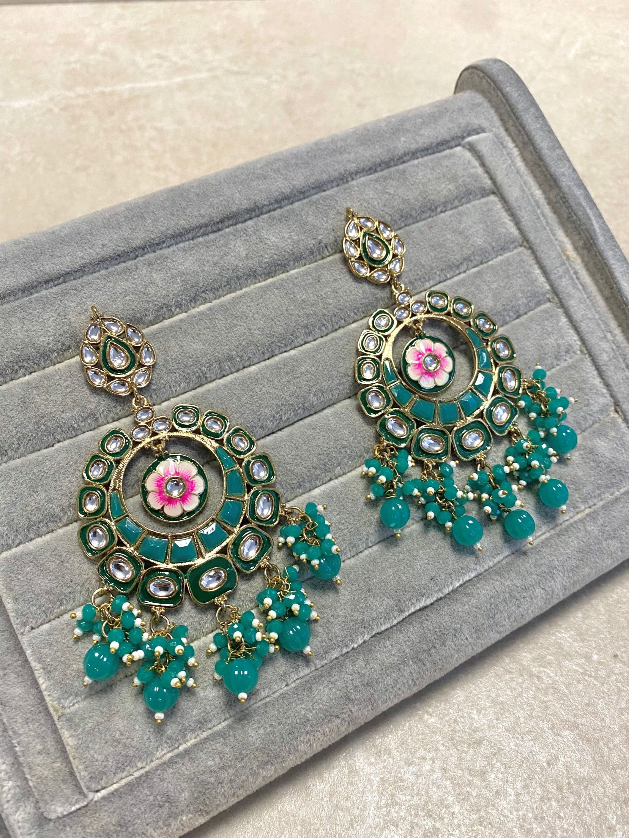 SLIGHTLY IMPERFECT:  Large Meenakari Painted Earrings - Teal Green