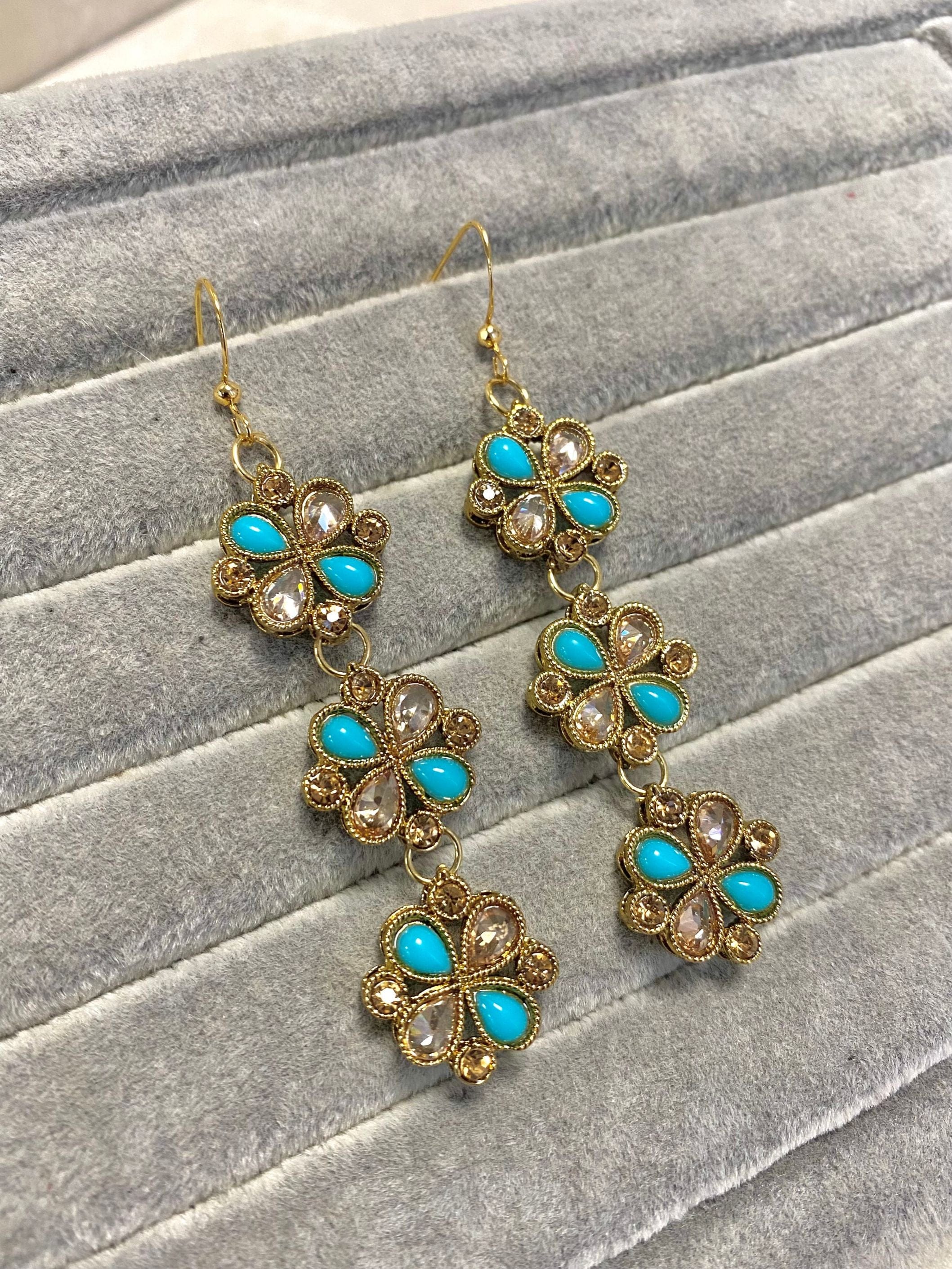 SLIGHTLY IMPERFECT: Long Antique Gold Drop Earrings - Blue