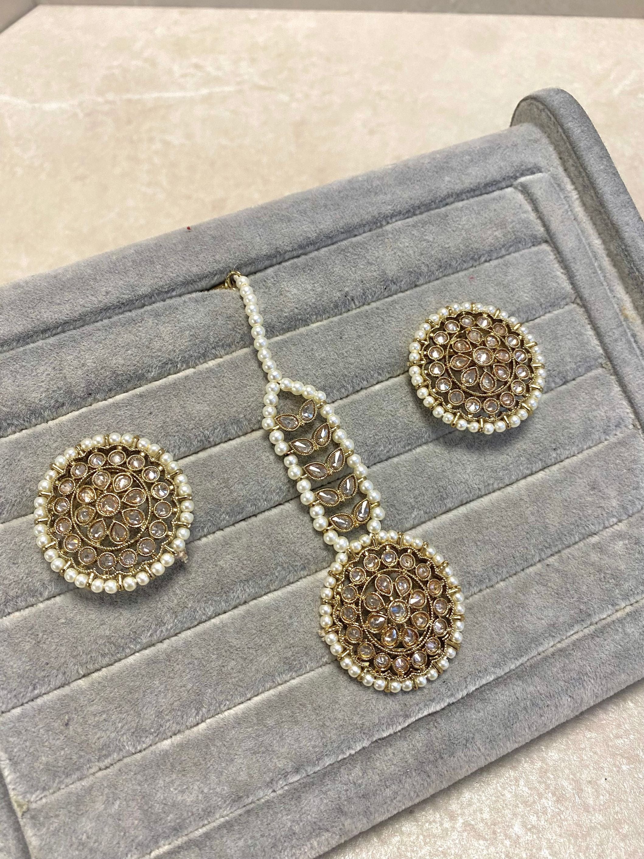 Antique Gold Earrings and Tikka sets -  Golden/Pearl