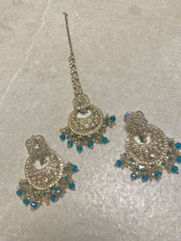 Antique Gold Earring & Tikka Set - Teal