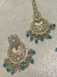 Antique Gold Earring & Tikka Set - Teal