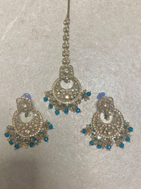 Antique Gold Earring & Tikka Set - Teal