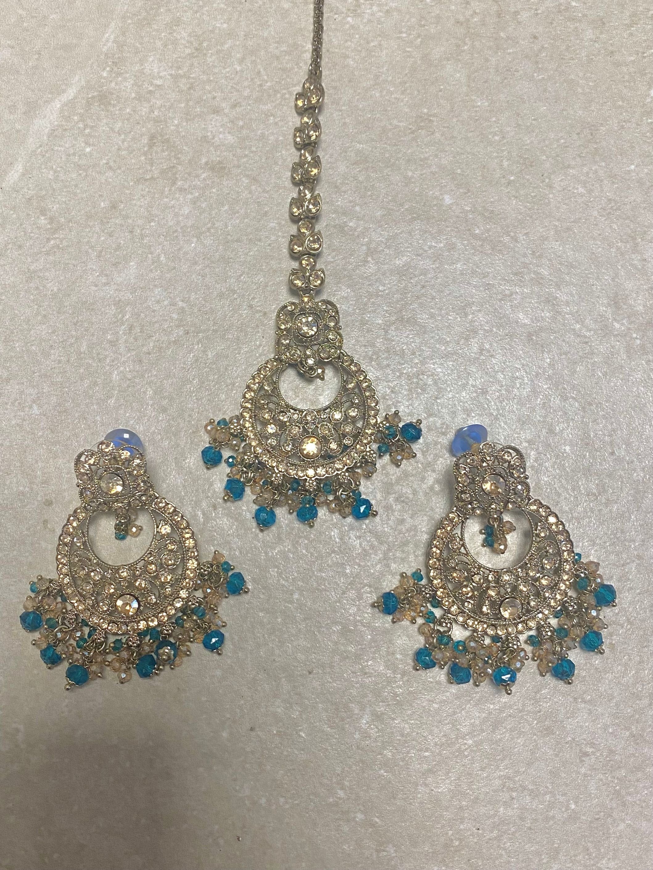 Antique Gold Earring & Tikka Set - Teal