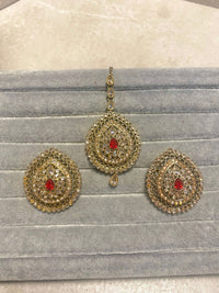 Mukta Earring & Tikka Set - Red/Champagne