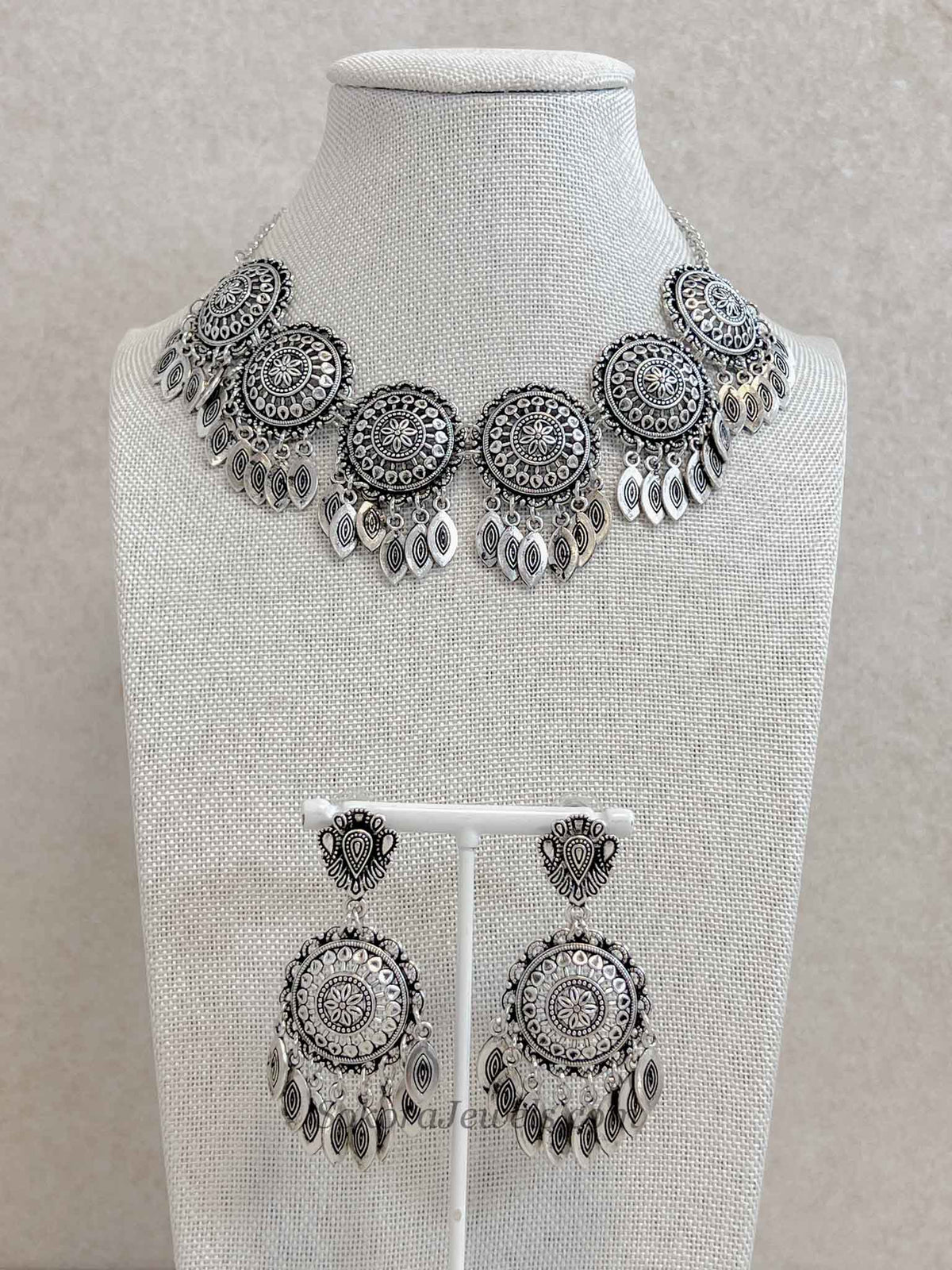 Mandala Medallion Oxidized Silver Necklace set