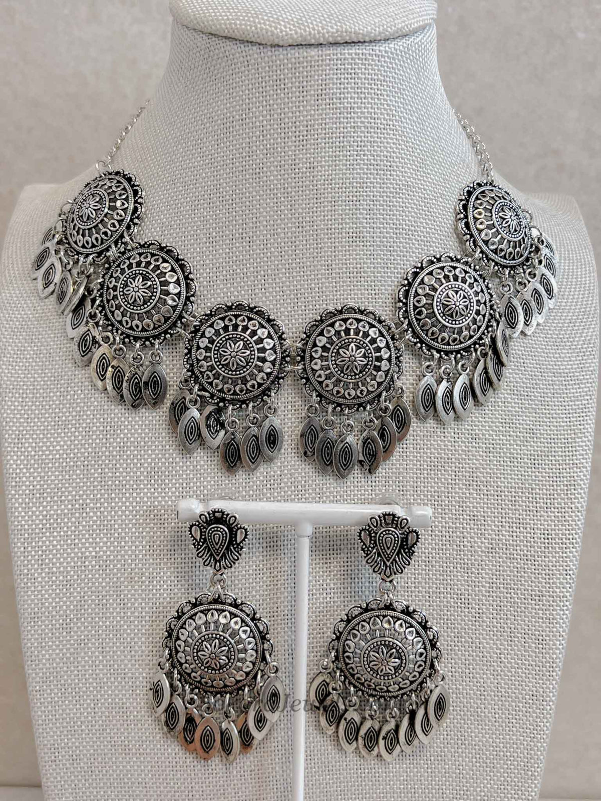 Mandala Medallion Oxidized Silver Necklace set