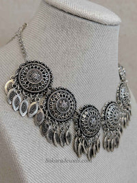 Mandala Medallion Oxidized Silver Necklace set