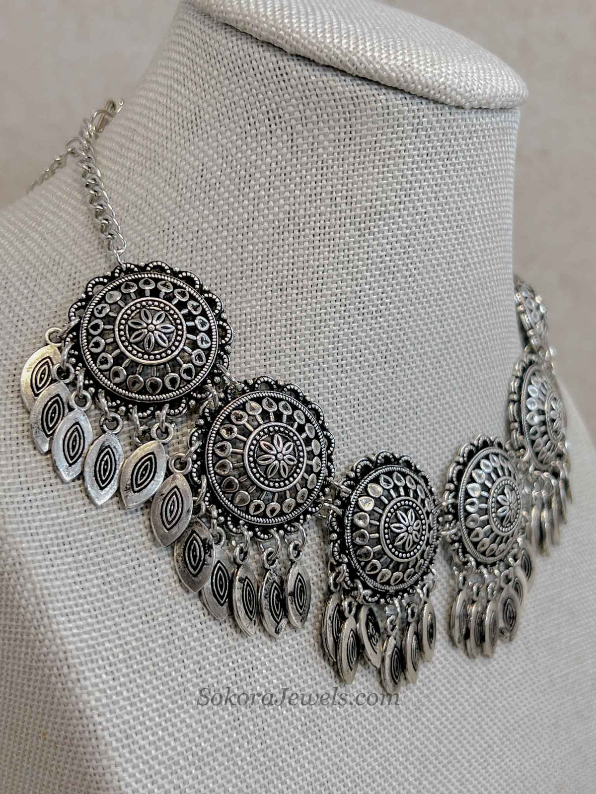 Mandala Medallion Oxidized Silver Necklace set