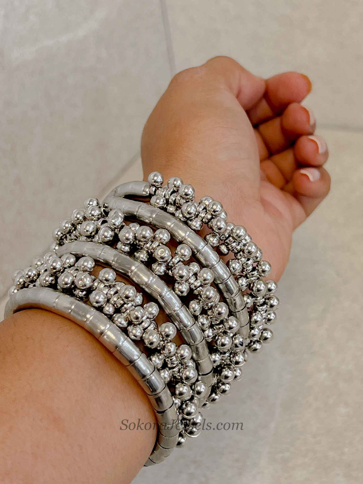 Oxidised Silver Ball Bead Coil Bracelet