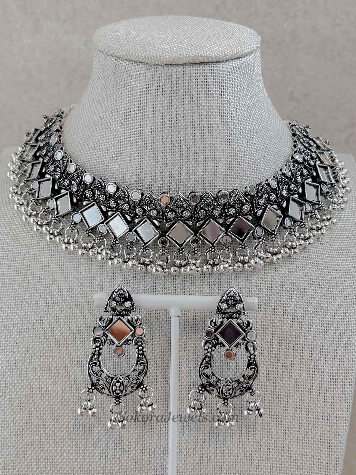 Mirror Oxidized Silver Necklace and Earrings
