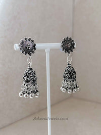 Oxidised Mirrored Silver Floral Necklace set
