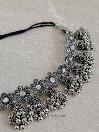 Oxidised Mirrored Silver Floral Necklace set