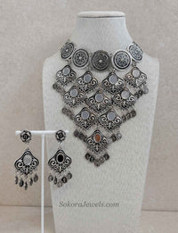 Oxidised Silver Mirror Coin Navratri Necklace Set