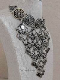 Oxidised Silver Mirror Coin Navratri Necklace Set