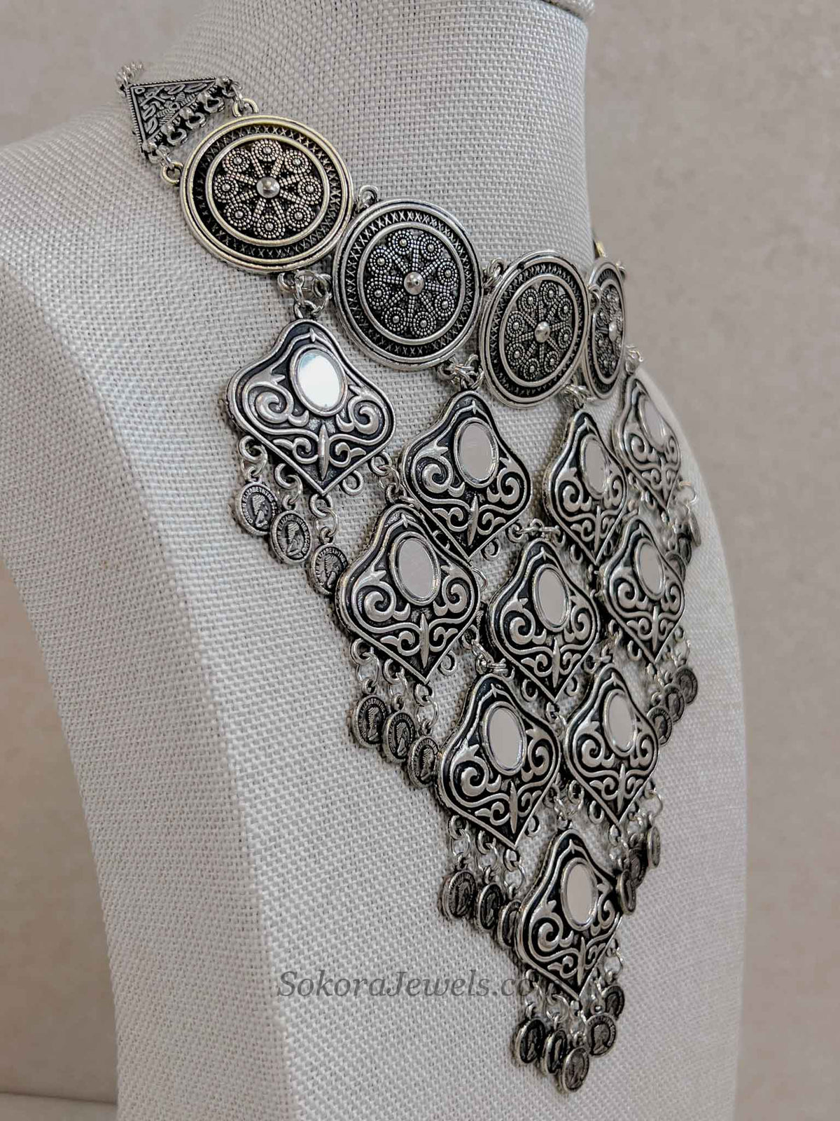 Oxidised Silver Mirror Coin Navratri Necklace Set