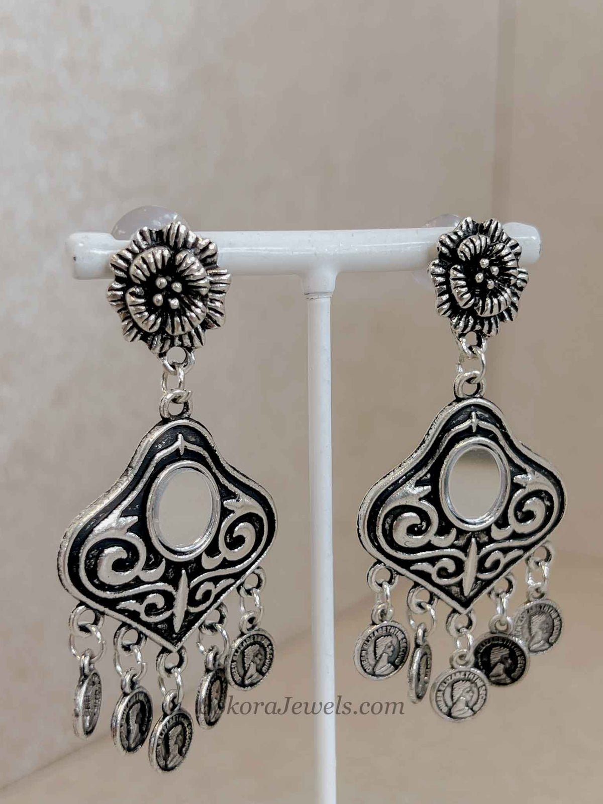 Oxidised Silver Mirror Coin Navratri Necklace Set