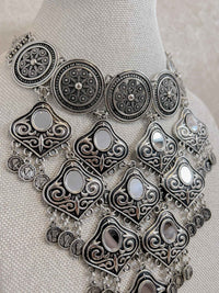 Oxidised Silver Mirror Coin Navratri Necklace Set