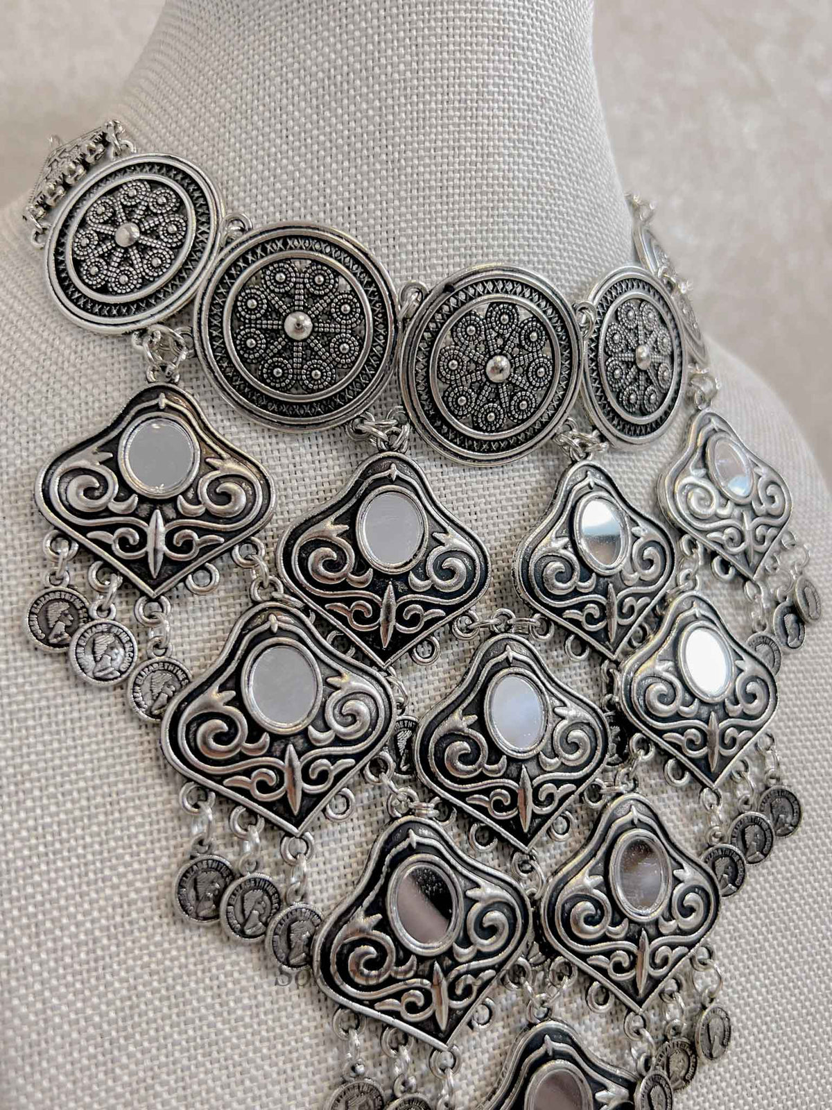 Oxidised Silver Mirror Coin Navratri Necklace Set