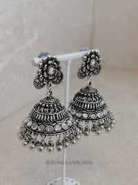 Floral Oxidized Silver Jhumka Earrings