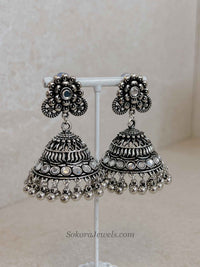 Floral Oxidized Silver Jhumka Earrings