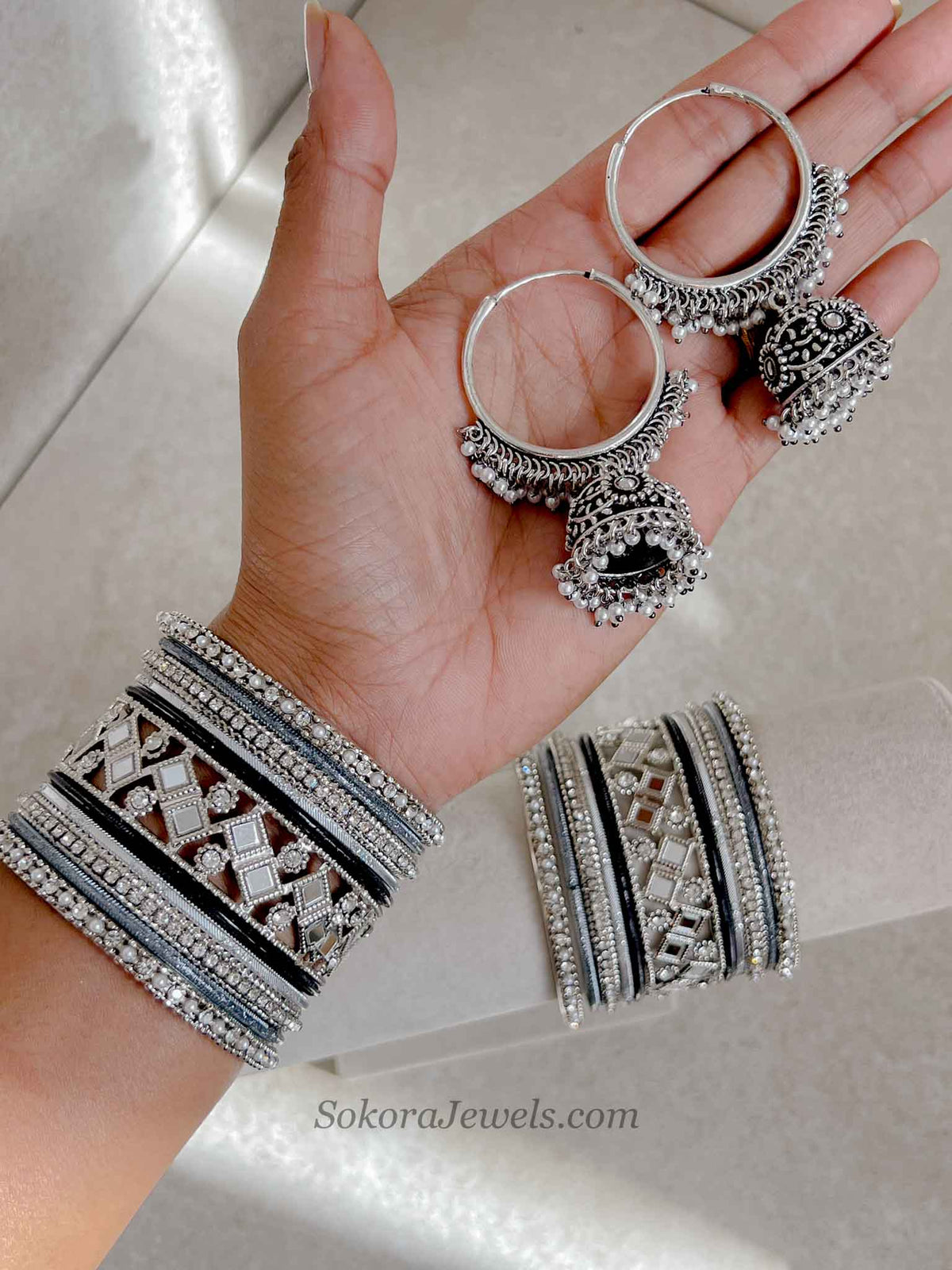 Oxidised Silver Bangles, Ring & Jhumka Box Set