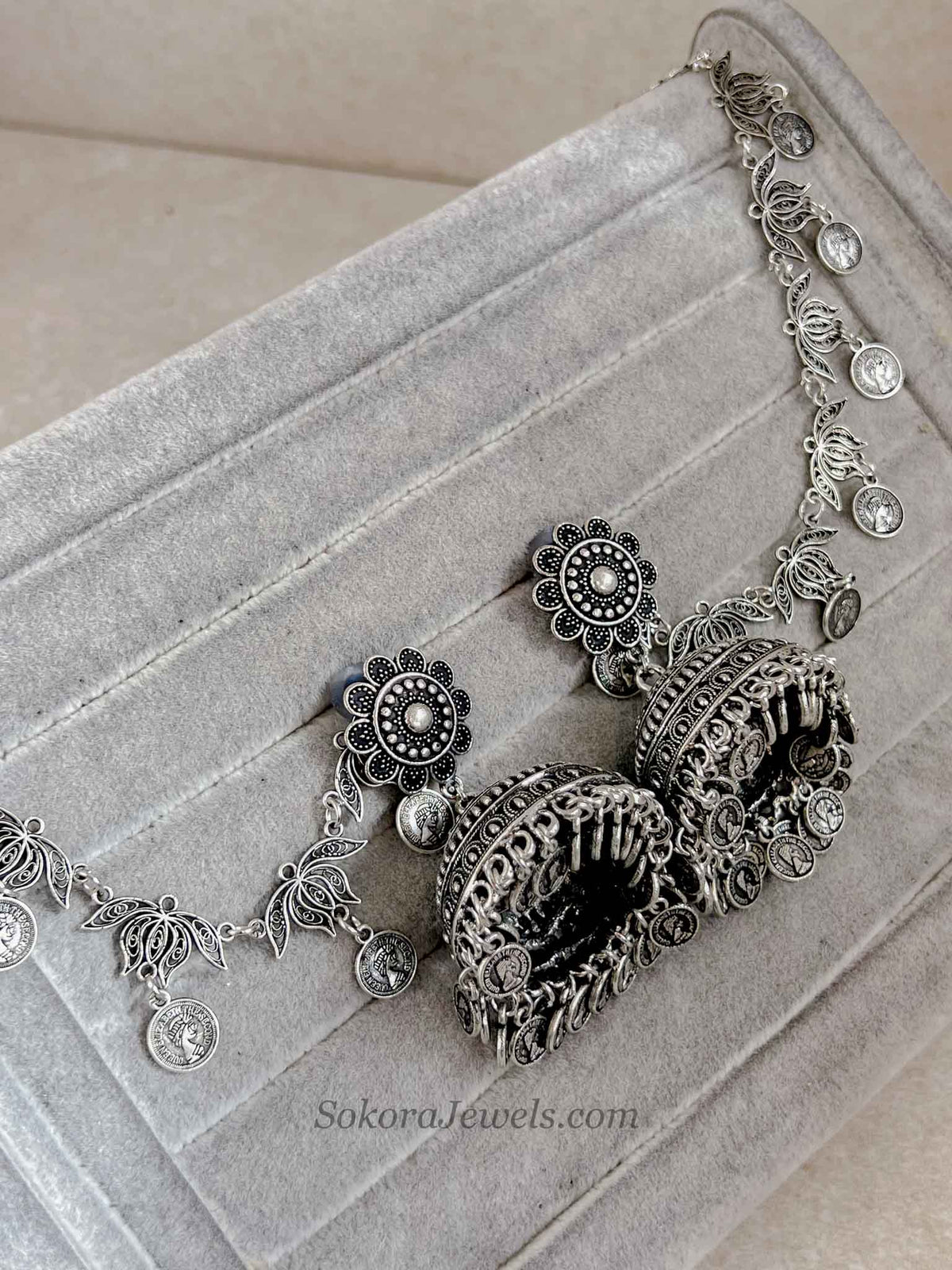 Heritage Coin & Lotus Oxidized Jhumka Earrings
